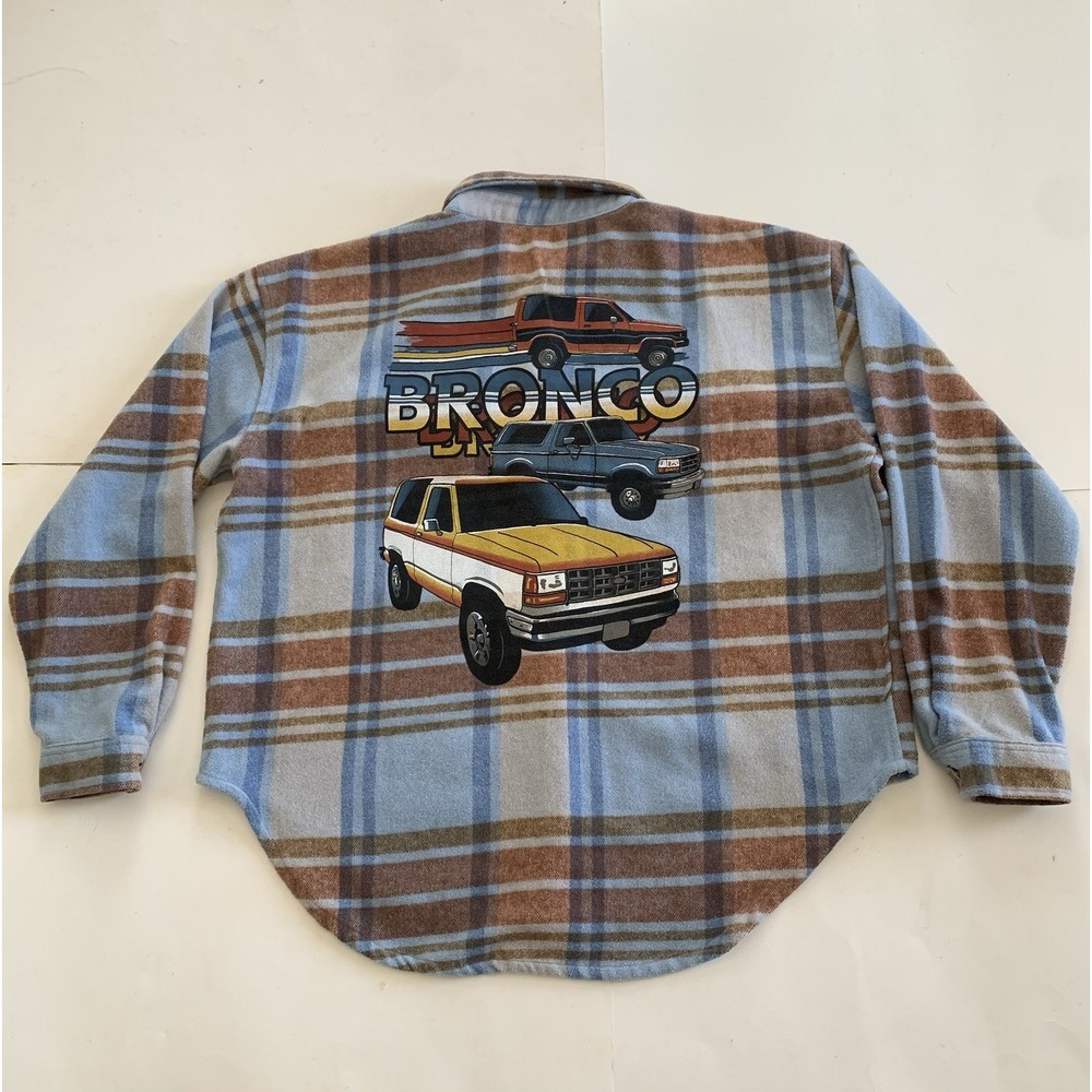 Ford Bronco Plaid Flannel Shirt Jacket Graphic Print  Shacket Size L Wool Blend